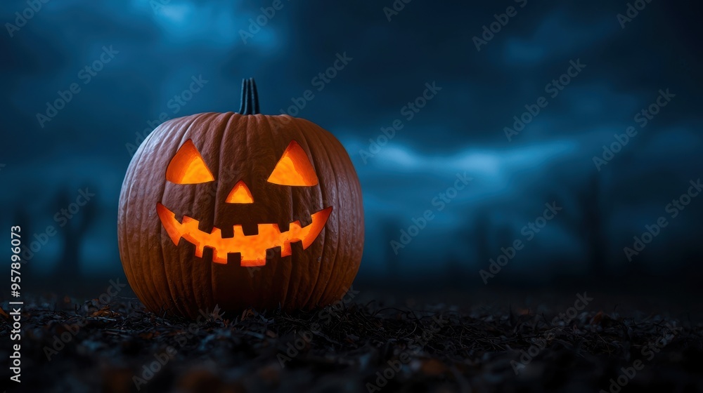 Spooky Halloween Jack-o'-Lantern in Haunted Forest with Stormy Sky - Ultra HD Photo with Copy Space Spooky Halloween Jack-o'-Lantern in Haunted Forest with Stormy Sky - Ultra HD Photo with Copy Space