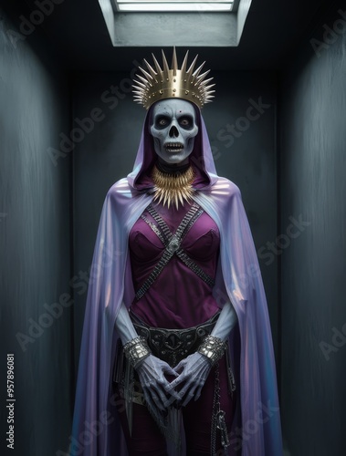 full body establishing shot of a ultraviolet opalescent cloaked undead warrior, wearing a golden spiky crown, platinum accessories adorned, in an enclosed dark chamber, post apocalyptic, horror core photo