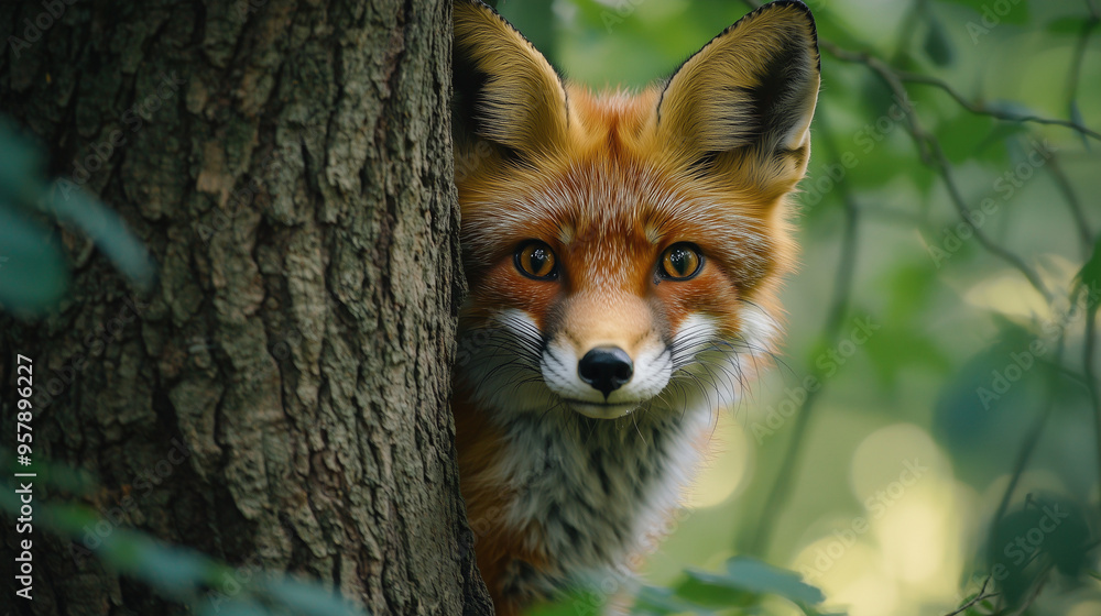 Fototapeta premium A curious fox peeking out from behind a forest tree, with its bright orange fur