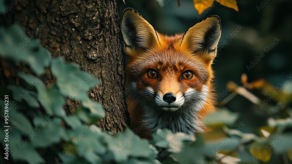 A curious fox peeking out from behind a forest tree, with its bright orange fur