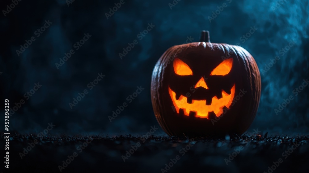 Naklejka premium Sinister Halloween Pumpkin in Eerie Mist with Copy Space, Selective Focus - Ultra HD