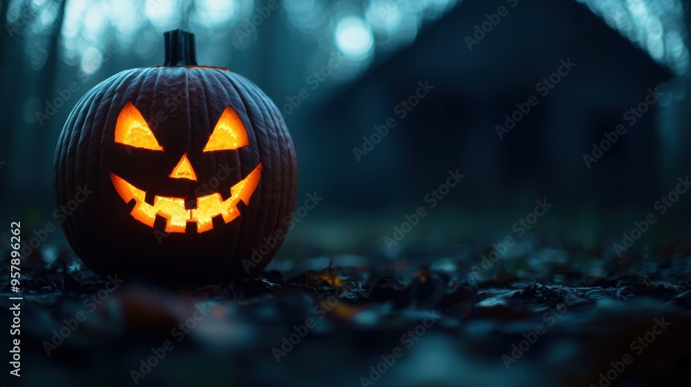 Sinister Jack-o'-lantern Illuminating Dark Abandoned House - Creepy Halloween Scene with Copy Space, Selective Focus, Ultra HD Sinister Jack-o'-lantern Illuminating Dark Abandoned House - Creepy Halloween Scene with Copy Space, Selective Focus, Ultra HD