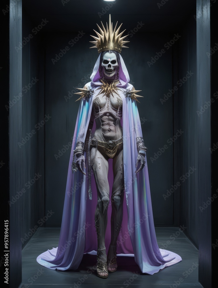 Fototapeta premium full body establishing shot of a ultraviolet opalescent cloaked undead warrior, wearing a golden spiky crown, platinum accessories adorned, in an enclosed dark chamber, post apocalyptic, horror core
