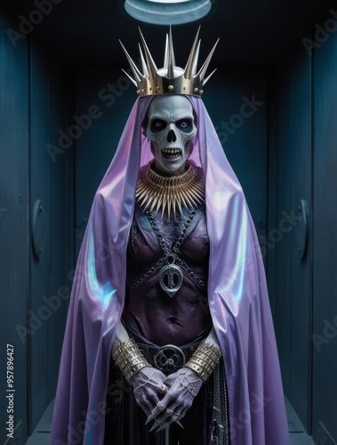 full body establishing shot of a ultraviolet opalescent cloaked undead warrior, wearing a golden spiky crown, platinum accessories adorned, in an enclosed dark chamber, post apocalyptic, horror core photo