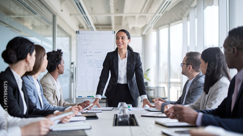 Professional woman standing at the head of the table, leading a business meeting, sleek corporate setting, stock image