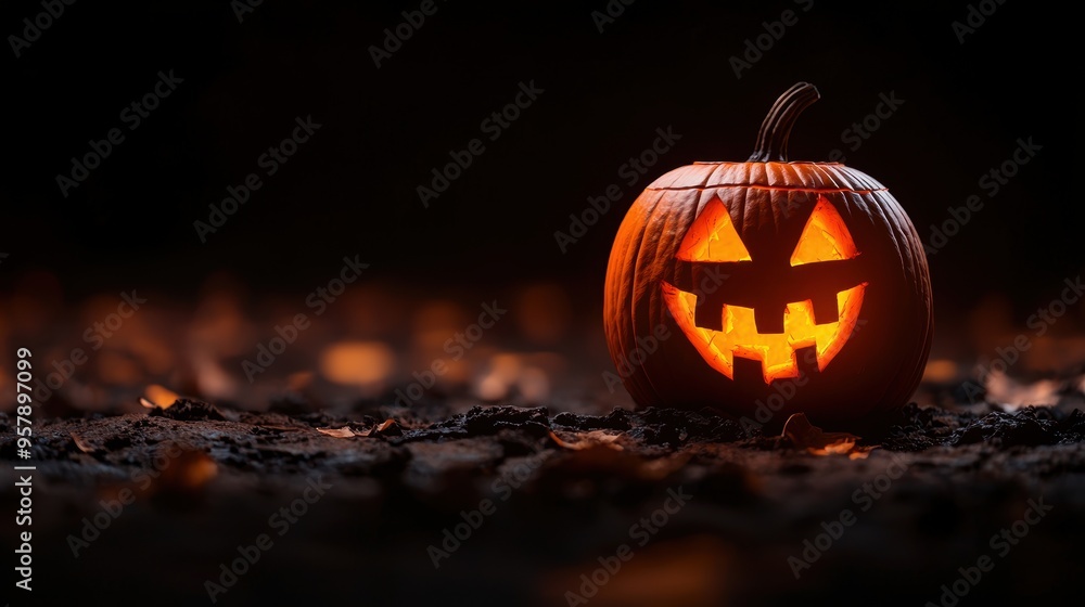 Eerie Jack-O'-Lantern with Cracked Surface in Shadows - Halloween Theme with Copy Space, Selective Focus, Ultra HD Quality Eerie Jack-O'-Lantern with Cracked Surface in Shadows - Halloween Theme with Copy Space, Selective Focus, Ultra HD Quality