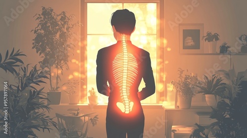 Stylized Back Pain Illustration in a Minimalistic Room
