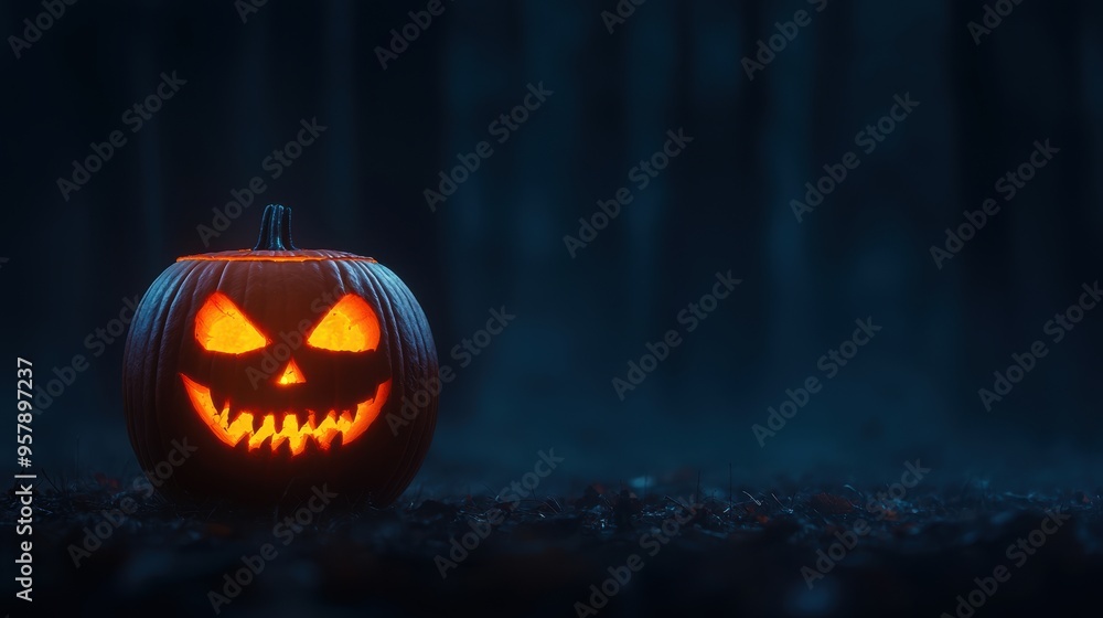 Eerie Jack-O'-Lantern in Misty Forest: Halloween Spooky Scene with Copy Space for Text, Selective Focus. Eerie Jack-O'-Lantern in Misty Forest: Halloween Spooky Scene with Copy Space for Text, Selective Focus.