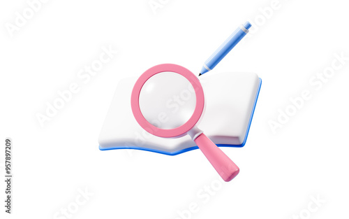 Cartoon book, magnifying glass and pen in the white background, 3d rendering.