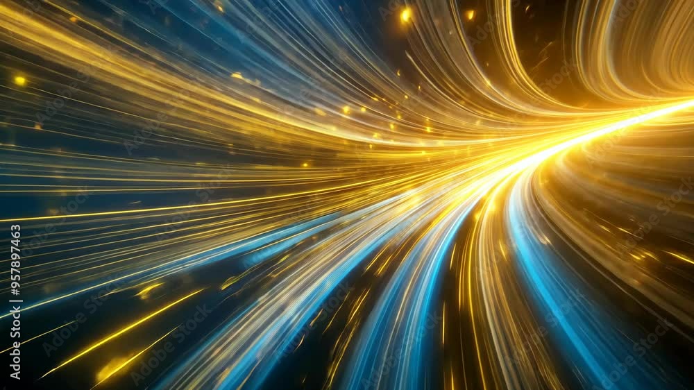 Dynamic light trails create mesmerizing patterns in a dazzling blue and gold background at high speed Dynamic light trails create mesmerizing patterns in a dazzling blue and gold background at high speed