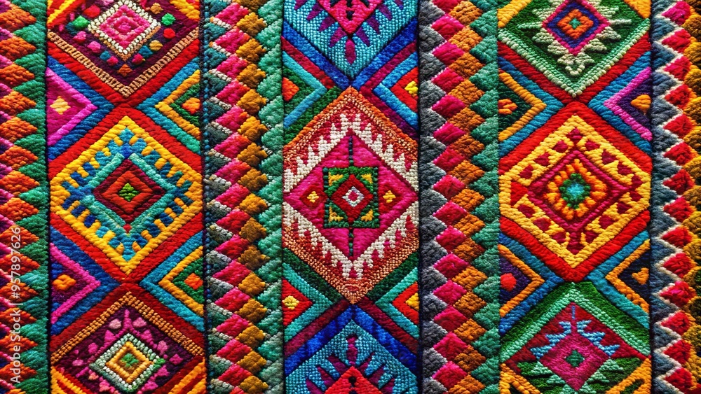 Vibrant and intricate handwoven textile featuring colorful patterns and textures Vibrant and intricate handwoven textile featuring colorful patterns and textures