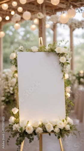 A 24x36 inch blank white paper set on an minimalist gold metal easel. Let the realistic light beams hit this pure white canvas with no writing on it and create a pleasant shadow.