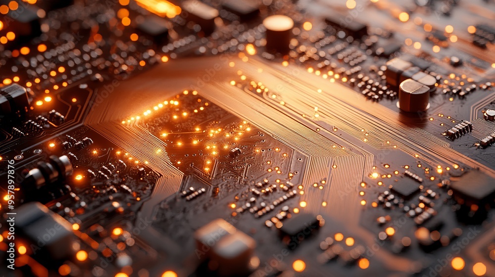 Detailed shot of a finished copper board, etched with complex electronic circuits, reflecting under a light, showcasing the precision of the process Detailed shot of a finished copper board, etched with complex electronic circuits, reflecting under a light, showcasing the precision of the process