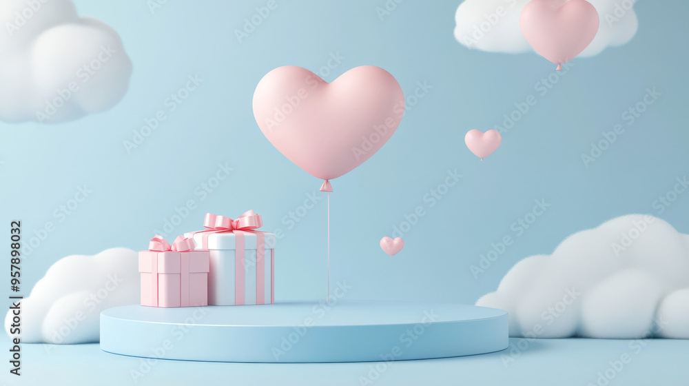 A 3D abstract minimal render featuring a luxury podium with a paper heart floating against a serene blue sky and white clouds. The scene includes a pink gift box and a pink balloon, both placed around A 3D abstract minimal render featuring a luxury podium with a paper heart floating against a serene blue sky and white clouds. The scene includes a pink gift box and a pink balloon, both placed around