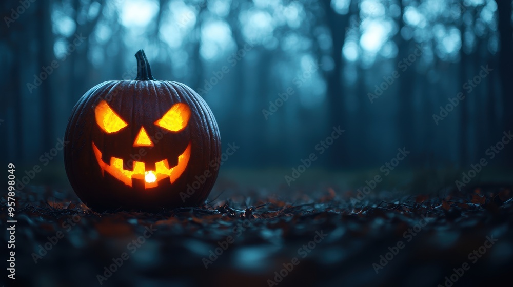 Sinister Pumpkin in Haunted Forest with Stormy Sky - Halloween Spooky Atmosphere, Ultra HD Copy Space Sinister Pumpkin in Haunted Forest with Stormy Sky - Halloween Spooky Atmosphere, Ultra HD Copy Space