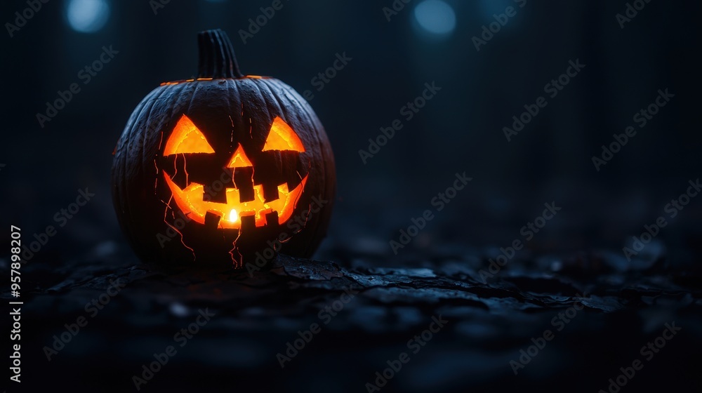 Eerie Jack-o'-Lantern in Shadows with Cracked Surface and Copy Space, Selective Focus - Ultra HD Eerie Jack-o'-Lantern in Shadows with Cracked Surface and Copy Space, Selective Focus - Ultra HD