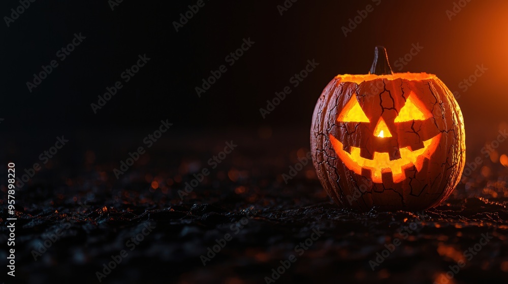 Eerie Halloween Jack-o'-lantern with Cracked Surface in Shadows - Spooky Seasonal Decoration with Copy Space, Selective Focus, Ultra HD Eerie Halloween Jack-o'-lantern with Cracked Surface in Shadows - Spooky Seasonal Decoration with Copy Space, Selective Focus, Ultra HD
