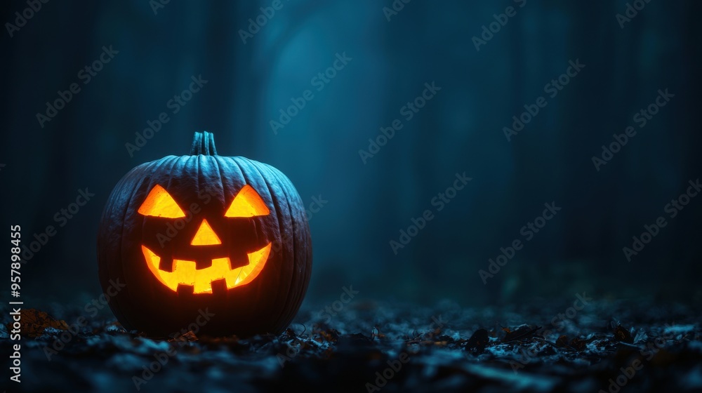 Eerie Halloween Jack-O'-Lantern in Foggy Forest - Spooky Holiday Concept with Copy Space, Selective Focus, Ultra HD Quality Eerie Halloween Jack-O'-Lantern in Foggy Forest - Spooky Holiday Concept with Copy Space, Selective Focus, Ultra HD Quality