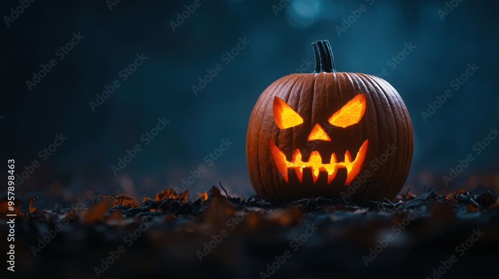 Dark and Menacing Halloween Pumpkin in Eerie Mist with Copy Space, Selective Focus on Foreground - Ultra HD Dark and Menacing Halloween Pumpkin in Eerie Mist with Copy Space, Selective Focus on Foreground - Ultra HD
