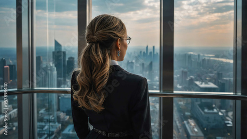 girl formal wear in Skyline view from glass elevator background