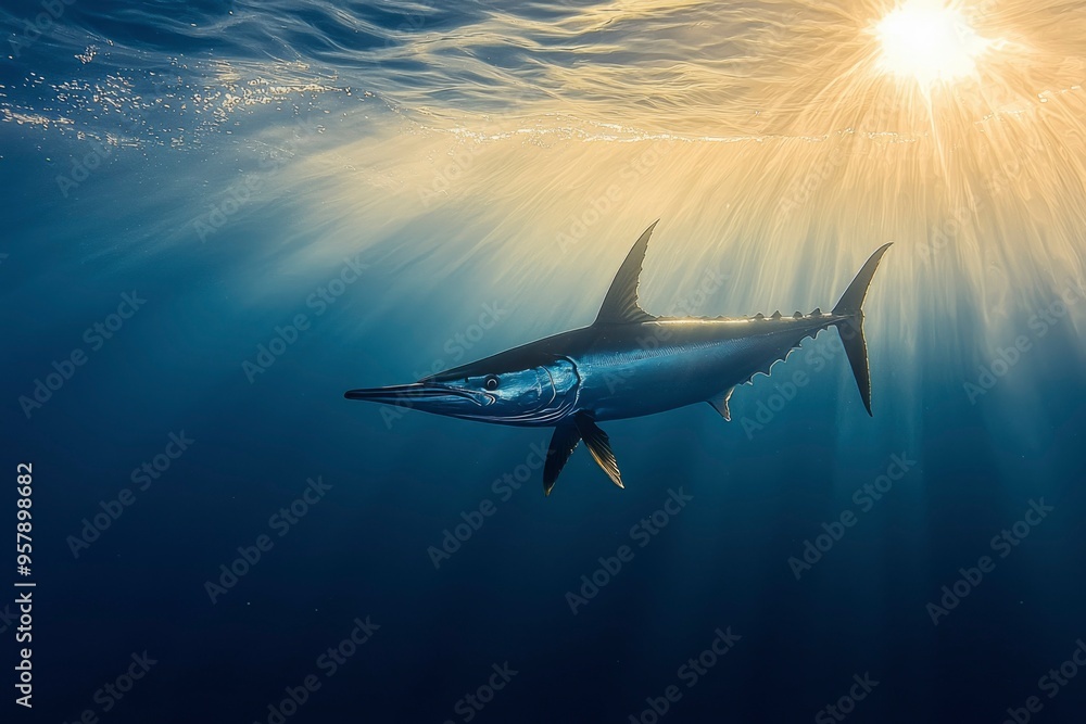 Obraz premium A Spearfish Swimming Through Sunbeams in the Ocean