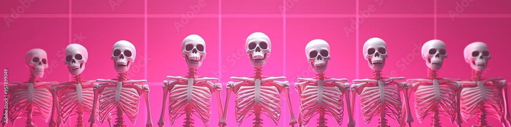 A striking display of skeletons set against a vibrant pink background, perfect for Halloween or educational themes. A striking display of skeletons set against a vibrant pink background, perfect for Halloween or educational themes.