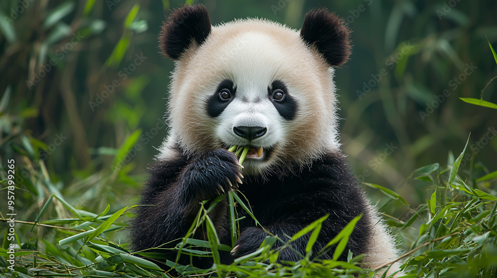 A gentle giant panda munching on bamboo in a serene Chinese bamboo forest A gentle giant panda munching on bamboo in a serene Chinese bamboo forest