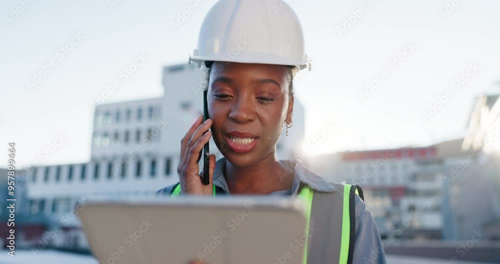 Tablet, phone call and woman construction worker on site with communication for contract city planning. Technology, industry and African civil engineer with mobile discussion for renovation approval. Tablet, phone call and woman construction worker on site with communication for contract city planning. Technology, industry and African civil engineer with mobile discussion for renovation approval.
