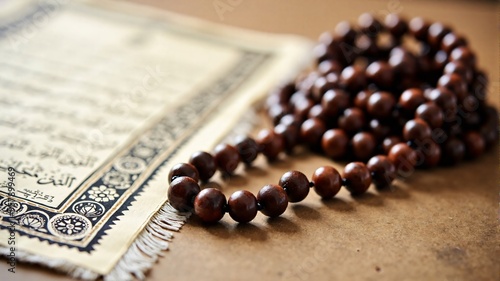 Islamic Muslim background with copy space featuring tasbih and Quran and prayer carpet, for any Islamic designs. photo