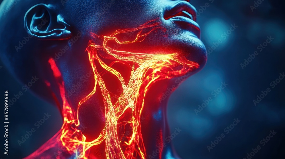 A digital illustration of a human body with glowing veins, depicting the circulatory system in the neck and head. A digital illustration of a human body with glowing veins, depicting the circulatory system in the neck and head.