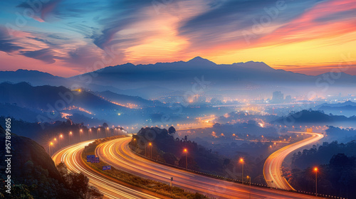 Highway winding through mountains at sunrise