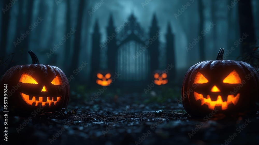 Enchanted Halloween Forest with Gothic Gate and Jack O'Lanterns | Spooky Autumn Background for Design Projects Enchanted Halloween Forest with Gothic Gate and Jack O'Lanterns | Spooky Autumn Background for Design Projects