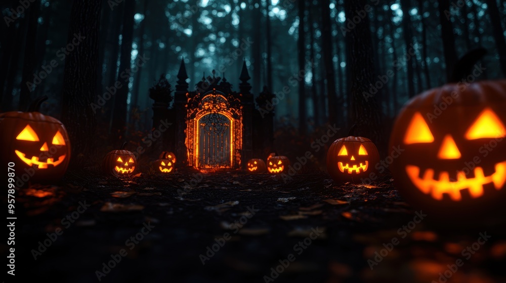 Enchanted Halloween Forest with Gothic Gate and Glowing Jack-o'-lanterns - Spooky Fantasy Landscape with Copy Space Enchanted Halloween Forest with Gothic Gate and Glowing Jack-o'-lanterns - Spooky Fantasy Landscape with Copy Space