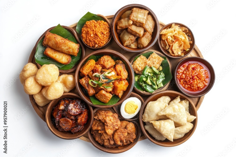 Assorted Indonesian Fried Snacks and Dishes in Wooden Bowls Assorted Indonesian Fried Snacks and Dishes in Wooden Bowls
