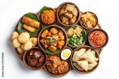 Assorted Indonesian Fried Snacks and Dishes in Wooden Bowls