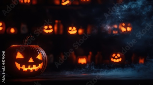 Wallpaper Mural Mystical Witch's Lair with Glowing Potions and Jack-o'-lanterns, Eerie Smoke, Halloween Background with Copy Space, Selective Focus, Ultra HD Torontodigital.ca