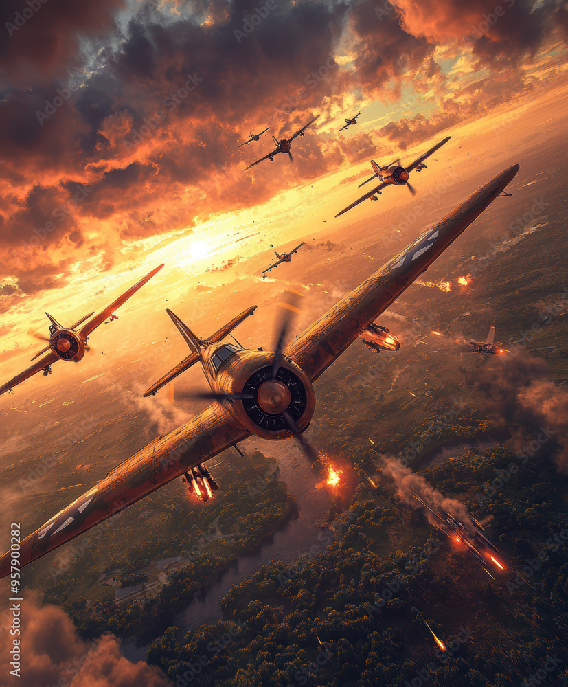 Naklejka premium aircraft combat missions in the second world war.AI generative.