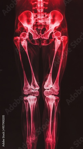 X-ray image of human legs showing bones, femur, tibia, fibula, knee joint, patella, and lower spine.