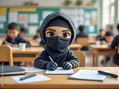 ninja student school desk writing homework schoolwork class classroom 3d Graphic Design
