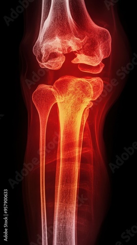 X-ray of a human knee with red and orange highlighting, showing pain and inflammation.