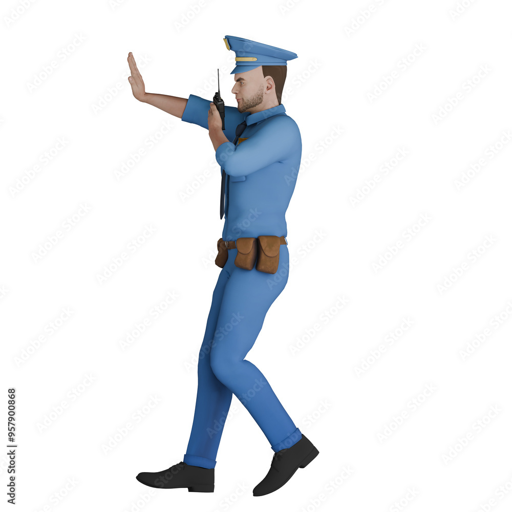 3D Professional Male in Cartoon Cop Role. A male police officer is standing facing to the right with his left hand holding a HT and his right hand stretched forward as if he is going to stop. Police 3D Professional Male in Cartoon Cop Role. A male police officer is standing facing to the right with his left hand holding a HT and his right hand stretched forward as if he is going to stop. Police