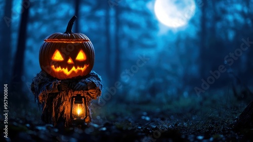 Mysterious Pumpkinheaded Figure with Lantern in Spooky Moonlit Forest - Halloween Concept with Copy Space photo