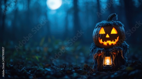 Mysterious Pumpkinheaded Figure with Lantern in Eerie Moonlit Forest - Halloween Fantasy Concept with Copy Space photo