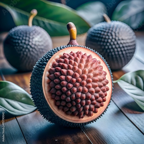 A captivating 3D illustration of a Mamoncillo fruit. showcasing its unique texture and vibrant hues. photo