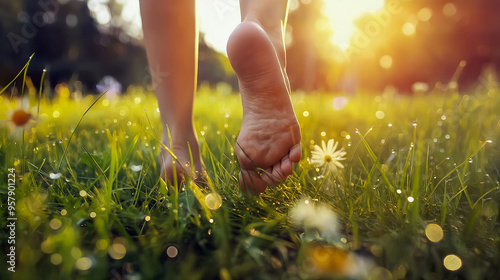 A person walks barefoot through a lush green field vibrant with blooming flowers, enjoying the warm sunlight and the calm atmosphere of golden hour - Generative AI photo