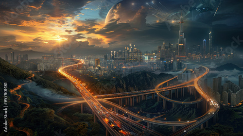 Futuristic Cityscape with Elevated Highways at Sunset