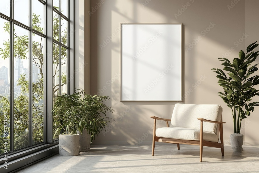 Poster Frame in Beige minimalist living room interior created with generative AI Poster Frame in Beige minimalist living room interior created with generative AI