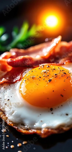 A delicious close-up of a perfectly cooked egg with crispy bacon, garnished with herbs for a mouthwatering breakfast view. photo