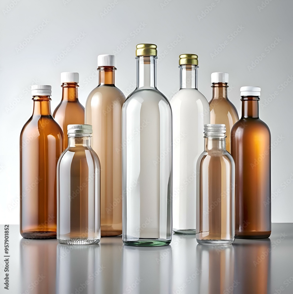 A group of eight glass bottles with different shapes and colors. ready for your design. A group of eight glass bottles with different shapes and colors. ready for your design.