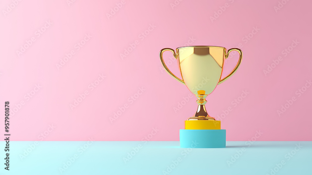 A 3D render featuring a flat icon of a golden trophy or champion cup, designed in a lofi anime cartoon style. The trophy is depicted with a sleek, minimalistic design, emphasizing its role as a symbol A 3D render featuring a flat icon of a golden trophy or champion cup, designed in a lofi anime cartoon style. The trophy is depicted with a sleek, minimalistic design, emphasizing its role as a symbol